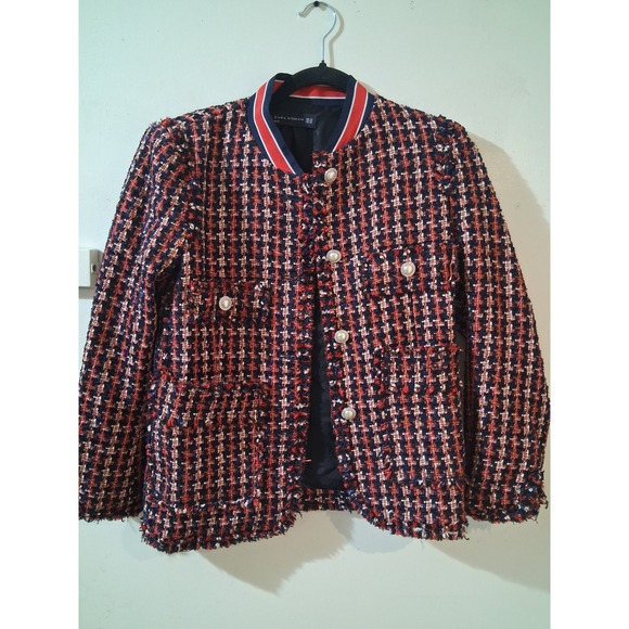 Zara Woman Jackets & Blazers - Zara Woman Tweed Blazer Jacket Navy Red White Pearl Button XS Metallic Plaid